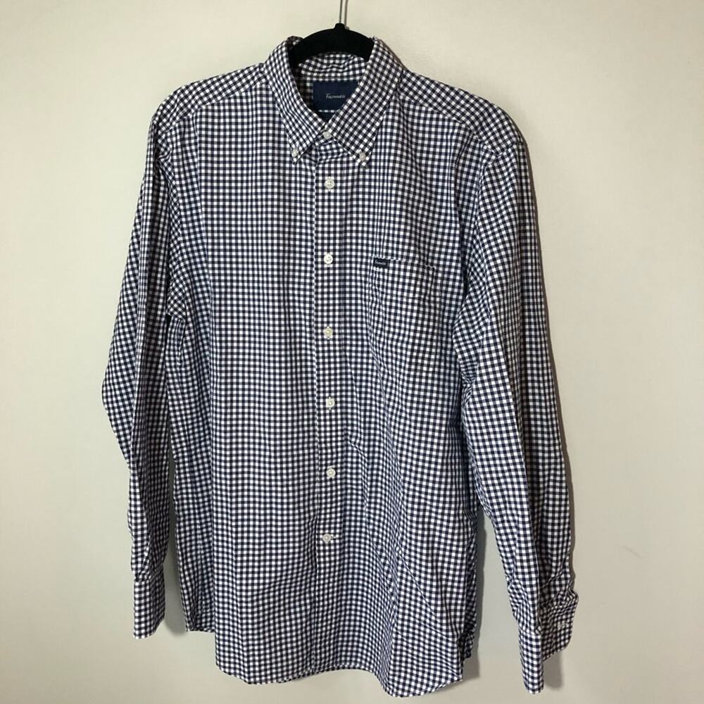 Faconnoble mens L club navy gingham checkered long sleeve button down shirt
